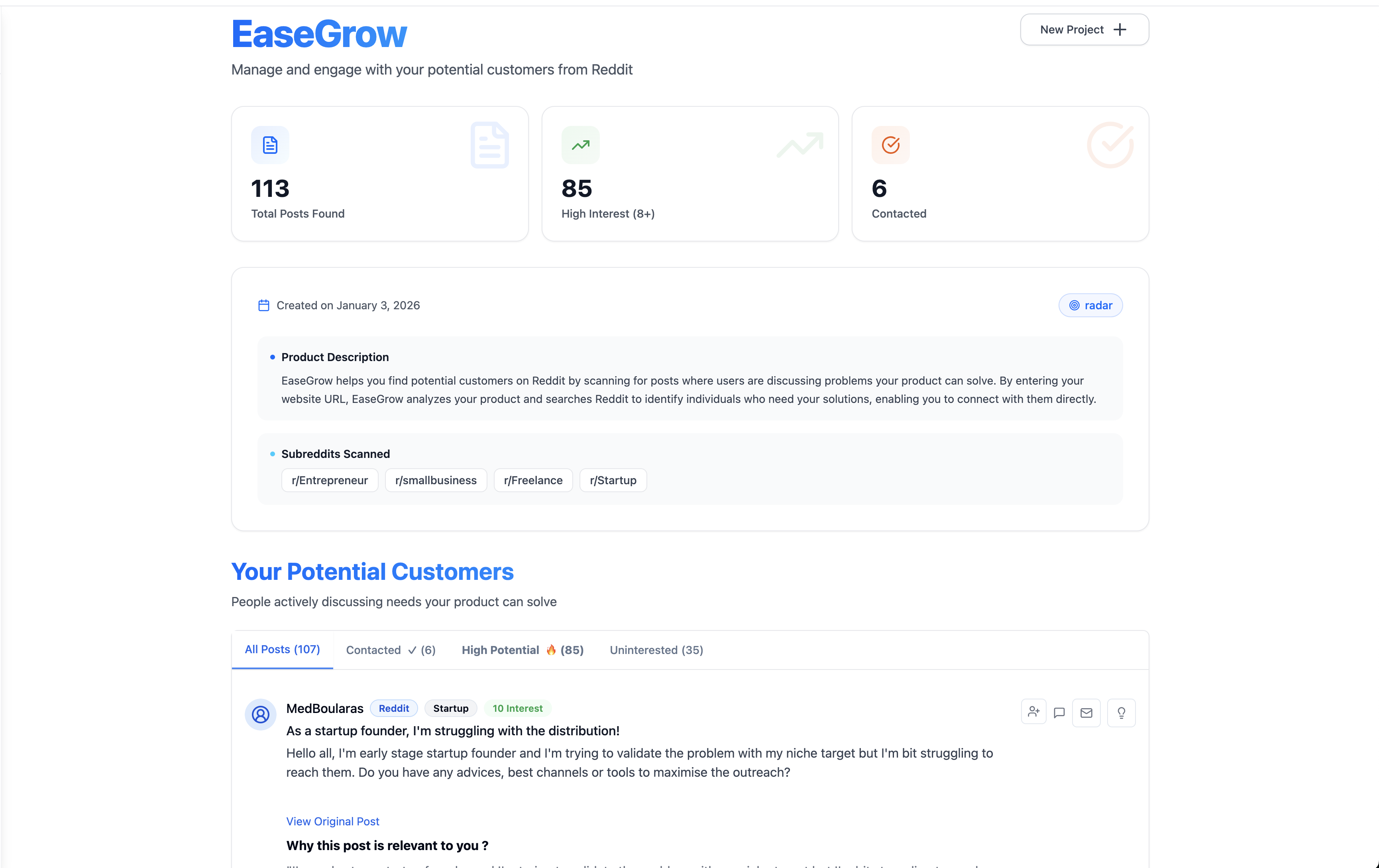 EaseGrow Dashboard showing discovered leads and engagement strategies